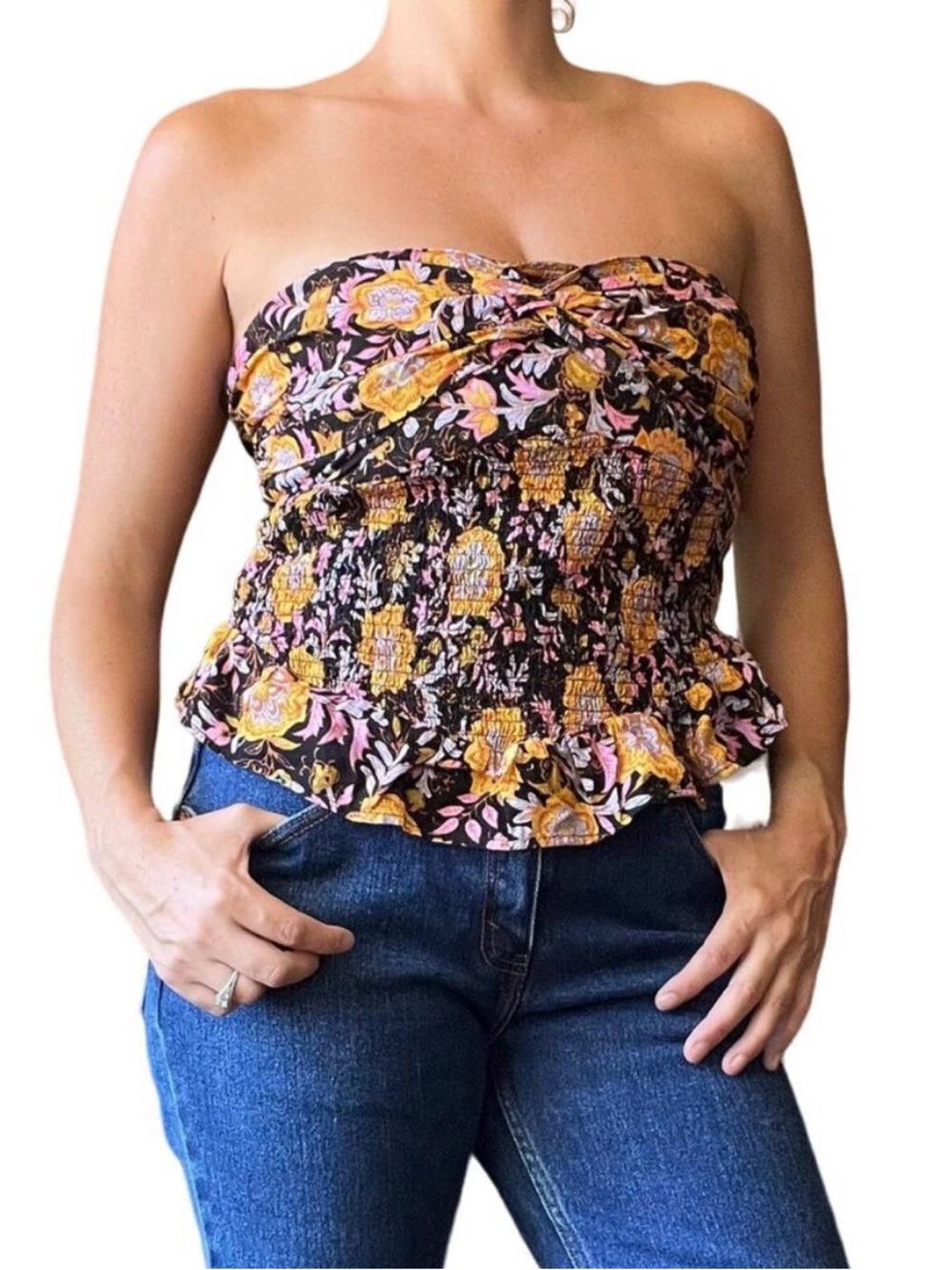 Free People NWOT Strapless Smocked Peplum - Black with Yellow & Pink Floral Sz L